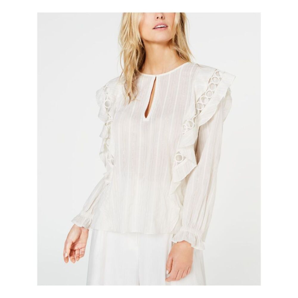 RACHEL ZOE Womens Beige Long Sleeve Keyhole Top S